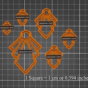 May include: Five orange plastic cookie cutters in different sizes, shaped like a stylized geometric design. The cutters are labeled with their size in inches, for example, "imprintcutter1-1.0.stl". The image includes the text "1 Square = 1 cm or 0.394 inches".