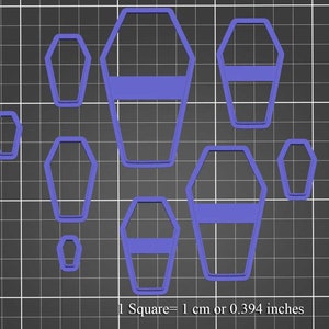 Könnte beinhalten: Satz mit acht violetten Kunststoff-Ausstechern in Sargform. Die Ausstecher sind in verschiedenen Größen, der größte misst etwa 3,5 Zoll in der Länge. 1 Quadrat = 1 cm oder 0,394 Zoll