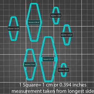 Puede incluir: Un diagrama que muestra diferentes tamaños de formas bicónicas, con medidas en centímetros. Las formas bicónicas están delineadas en azul turquesa y etiquetadas con su tamaño correspondiente en centímetros. El texto en la parte inferior del diagrama dice "1 Cuadrado = 1 cm o 0,394 pulgadas, medida tomada del lado más largo."
