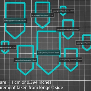 May include: A grid with turquoise outlines of different sized rectangles with pointed bottoms. The rectangles are labeled with the text "rectanglewithpointwide" followed by a number. The text at the bottom of the grid reads "1 Square = 1 cm or 0.394 inches Measurement taken from longest side".