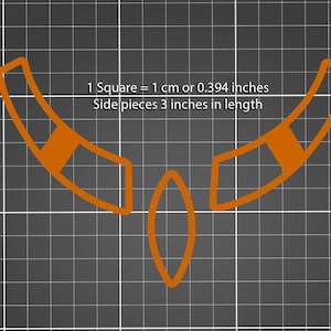Può includere: Diagramma di un boomerang composto da tre pezzi, due pezzi laterali curvi e un pezzo centrale. I pezzi laterali sono lunghi 3 pollici. 1 Quadrato = 1 cm o 0,394 pollici.