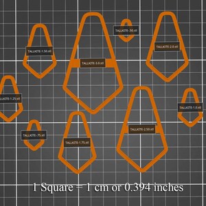 May include: A set of eight orange plastic stencils in the shape of a kite with varying sizes. The stencils are labeled with the text "TALLKITE" followed by a number and the file extension ".stl". The image includes the text "1 Square = 1 cm or 0.394 inches".