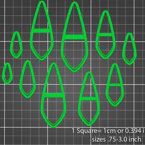 May include: Set of nine green plastic cookie cutters shaped like teardrops with different sizes. The cutters range in size from 0.75 to 3.0 inches. 1 Square = 1 cm or 0.394 inches. sizes .75-3.0 inch