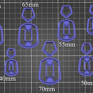 May include: Set of seven blue plastic cookie cutters in various sizes, ranging from 40mm to 70mm. The cutters are shaped like a geometric design with a rounded top and a pointed bottom.