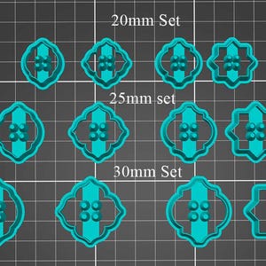 May include: A collection of teal-colored cookie cutters in various shapes and sizes, including oval, diamond, and starburst designs. The image includes sets labeled as 20mm, 25mm, and 30mm, suggesting different size options for baking or crafting.