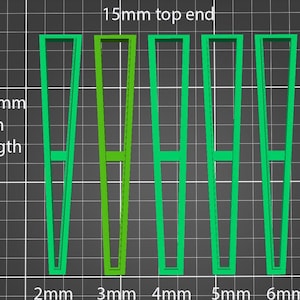 May include: Green geometric shapes with varying widths, labeled 2mm to 6mm, and a height of 100mm. The top end is 15mm. The shapes are displayed on a grid background.
