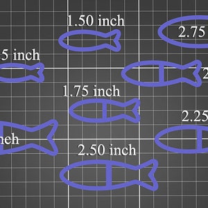 May include: A set of nine blue fish-shaped cookie cutters in various sizes, ranging from 1 inch to 3 inches. The cutters are arranged on a black grid background.