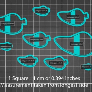 May include: A set of eight blue chili pepper cookie cutters in various sizes, ranging from 0.50 inches to 3.00 inches. The cutters are laid out on a black grid background. The text "1 Square = 1 cm or 0.394 inches" and "Measurement taken from longest side" is printed below the cutters.