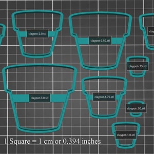 May include: A collection of teal-colored clay pot outlines in various sizes, labeled with their corresponding .stl file names. The image includes a scale: 1 square = 1 cm or 0.394 inches. The pots are arranged on a dark gray grid.