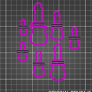 May include: Six different sized pink electric guitar cookie cutters. The cutters are arranged in a grid pattern on a gray background. The cutters are labeled with the file names "electricguitar3-1.0.stl", "electricguitar3-1.25.stl", "electricguitar3-1.50.stl", "electricguitar3-1.75.stl", "electricguitar3-2.0.stl", and "electricguitar3-3.0.stl".