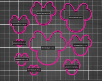 May include: Nine pink plastic cookie cutters in various sizes, shaped like Minnie Mouse heads with bows. The cutters are labelled with the file name "MINNIEMOUSE" followed by the size in inches.