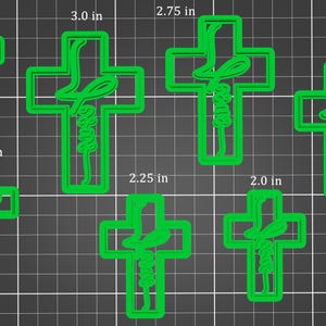 May include: A collection of seven green cross-shaped cookie cutters. Each cutter has the word "Faith" incorporated into the design. Sizes range from 1.50 inches to 3.0 inches in length.