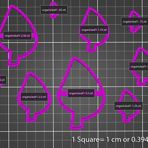 Op de afbeelding: Een set van negen roze plastic blaadjes-koekjesuitstekers in verschillende maten. De uitstekers zijn gerangschikt op een zwart-witte rasterachtergrond. De tekst "1 Vierkant = 1 cm of 0.394 inch" is onder de uitstekers gedrukt.