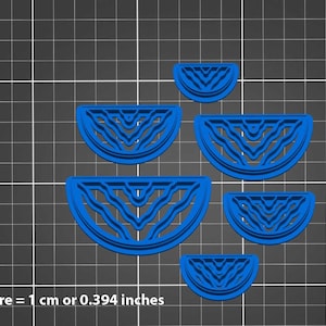 May include: Set of five blue plastic cookie cutters shaped like watermelon slices. The cutters are different sizes and have a decorative design.