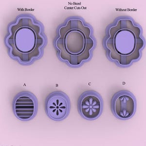 Puede incluir: Un juego de siete cortadores de galletas de plástico color violeta claro. La fila superior presenta tres marcos de borde festoneado con diseños centrales variados etiquetados With Border, No Bezel Center Cuts Out y Without Border. La fila inferior muestra cuatro cortadores ovalados etiquetados A, B, C y D con listones horizontales, una flor, una flor en forma de estrella y dos pequeños motivos de hojas.