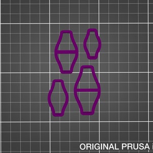 May include: Four purple plastic molds shaped like a bottle with a rounded top and a flat bottom. The molds are arranged in a staggered pattern on a gray grid background. ORIGINAL PRUSA i3 MK3 is printed at the bottom of the image.