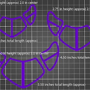 May include: Three purple fabric shapes with different sizes and dimensions. The shapes are approximately 2.25 inches, 2.75 inches, and 3.50 inches in height. The shapes are approximately 2.0 inches, 2.50 inches, and 3.0 inches in width. The shapes are approximately 4.00 inches, 4.50 inches, and 5.50 inches in length.