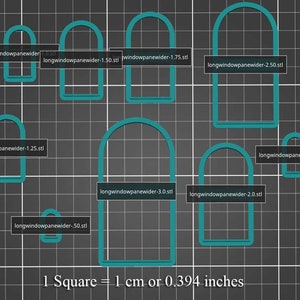 Può includere: Un set di nove stencil per finestre ad arco di colore turchese, ognuno con una larghezza diversa, che vanno da 1,25 a 7,5 cm. Gli stencil sono disposti su una griglia con una scala di 1 quadrato = 1 cm.