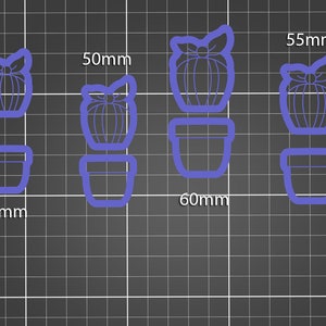 May include: Four sets of cookie cutters in the shape of a cactus plant with a bow on top and a pot. The cutters are made of blue plastic and are 45mm, 50mm, 55mm, and 60mm in size.