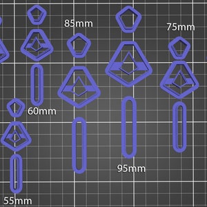 May include: A set of eight blue plastic cookie cutters in various shapes and sizes. The cutters include a diamond shape with a smaller diamond inside, a rectangle, and a pentagon. The cutters are labeled with their sizes in millimeters: 55mm, 60mm, 65mm, 70mm, 75mm, 85mm, and 95mm.