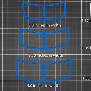 Pode incluir: Três formas azuis curvas com uma linha vertical no meio, cada uma com uma medida de largura diferente em polegadas. As medidas são 3,0 polegadas, 3,50 polegadas e 4,0 polegadas. Uma linha vertical branca está ao lado de cada forma com uma medida em polegadas. As medidas são 1,17 polegadas, 1,35 polegadas e 1,55 polegadas.