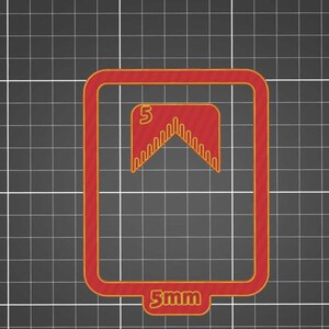 May include: A red and orange rectangular design with a smaller, similar shape inside. The smaller shape has a "5" in the upper left corner and a zig-zag pattern. The text "5mm" is at the bottom.