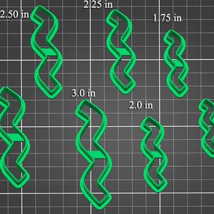 May include: Set of six green plastic cookie cutters shaped like a wavy line. The cutters are available in six sizes: 1.50 inches, 2.00 inches, 1.75 inches, 2.25 inches, 2.50 inches, and 3.00 inches.