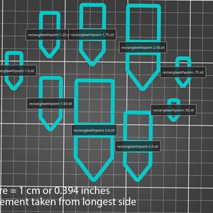May include: A diagram showing different sized turquoise blue arrows on a black and white grid. The grid is labeled with measurements in centimeters. The text "1 Square = 1 cm or 0.394 inches" and "Measurement taken from longest side" is at the bottom of the image.