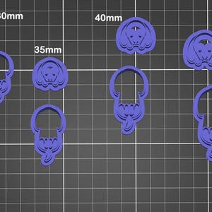 May include: Set of six purple plastic cookie cutters in various sizes, ranging from 30mm to 45mm. The cutters are shaped like a dog with a beard.