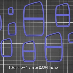 May include: A set of nine purple plastic cookie cutters in various shapes, including rectangles and ovals. The cutters are arranged on a gray grid background. 1 Square = 1 cm or 0.394 inches.