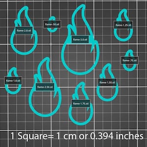 May include: A set of eight flame-shaped cookie cutters in various sizes, ranging from 0.75 inches to 3 inches in diameter. The cutters are made of blue plastic and are arranged on a grid background.