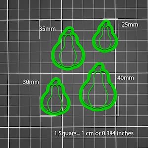 May include: Four green cookie cutters shaped like pears, with different sizes. The largest cutter is 40 mm wide and 25 mm tall. The smallest cutter is 30 mm wide and 35 mm tall. 1 Square = 1 cm or 0.394 inches.
