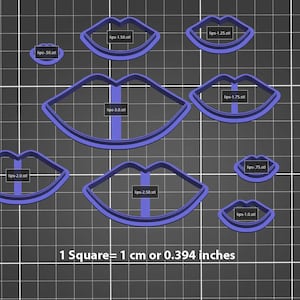 May include: A set of eight blue plastic cookie cutters shaped like lips in various sizes. The cutters are arranged on a gray grid background. The text "1 Square = 1 cm or 0.394 inches" is printed below the cutters.
