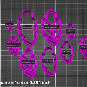May include: A set of eight pink plastic cookie cutters shaped like leaves. The cutters are arranged on a gray grid background. The cutters are labeled with their names and sizes in inches. 1 Square = 1 cm or 0.394 inch