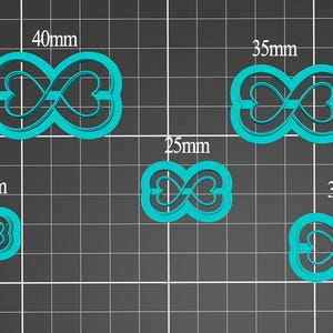 May include: A collection of five teal-colored infinity symbol cookie cutters, each with a heart design in the center. Sizes range from 0.79 inches to 1.57 inches in width. The cutters are displayed on a dark gray grid background.