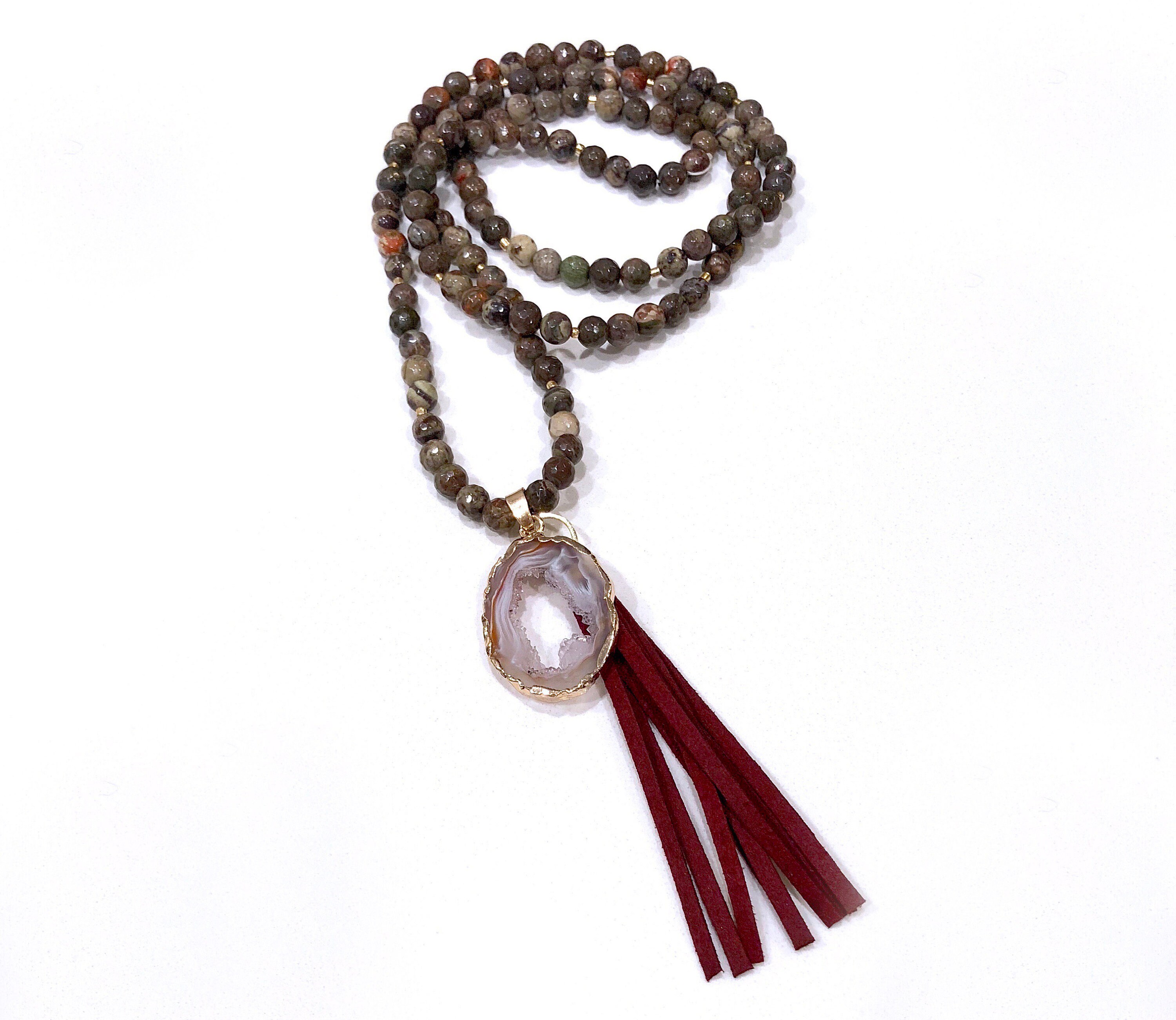 Burgundy Stone Beaded Tassel Necklace 