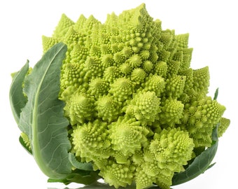 May include: A green Romanesco broccoli with a unique, fractal-like pattern. The broccoli has a large, central head with many smaller, pointed florets.
