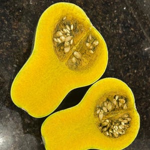 Puede incluir: Dos mitades de calabaza butternut cortadas, revelando las semillas. La calabaza tiene una pulpa de color amarillo-naranja brillante y un exterior liso. Las semillas son de color marrón claro y agrupadas en el centro de cada mitad.