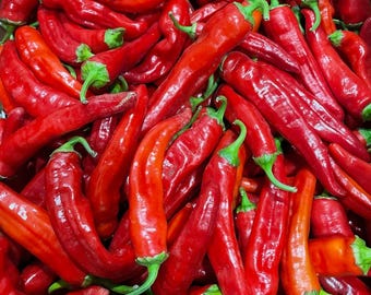 May include: A close-up shot of a pile of vibrant red chili peppers. The peppers have a long, slender shape with green stems. The image is filled with the bright red color of the peppers, creating a visually striking display.