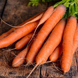 May include: A bunch of fresh, orange carrots with green leafy tops on a rustic wooden surface.