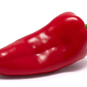 May include: A single, bright red pepper with a green stem. The pepper is smooth and shiny, with a slightly pointed tip.