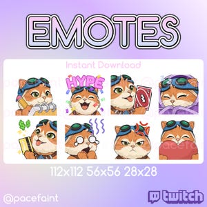 以下が含まれることがあります： ゴーグルをかけた猫の絵文字のデジタルダウンロードグラフィック。さまざまな表情を示しています。絵文字には、メモ帳を持ったり、お祝いしたり、Unoカードを見せたりするものがあります。「EMOTES」という単語が一番上にあります。