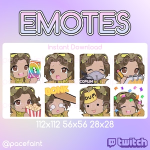 May include: A set of nine animated Twitch emotes featuring a cartoon character with brown hair and yellow clothing. The emotes are in different sizes: 112x112, 56x56, and 28x28. The emotes include expressions like surprised, thinking, and happy.