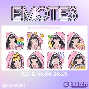 May include: A digital art graphic featuring eight emotes with a cartoon girl wearing a pink hooded outfit. The emotes display various expressions and actions, including holding a card, looking dizzy, and eating popcorn. The word "EMOTES" is at the top.