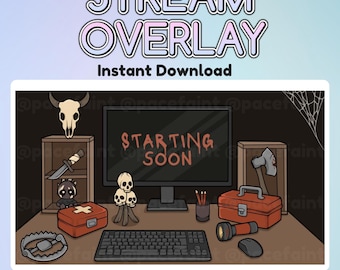 Könnte beinhalten: Digitales Stream-Overlay-Design mit dem Text "STREAM OVERLAY" und "Instant Download". Das Bild zeigt eine Schreibtisch-Konfiguration mit Horror-Elementen, einschließlich eines Computerbildschirms mit der Aufschrift "STARTING SOON".