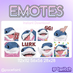 Może przedstawiać: Zestaw ośmiu animowanych emotikonów Twitch przedstawiających kreskówkowego rekina z różnymi wyrażeniami. Emotikony są w różnych rozmiarach, w tym 112x112, 56x56 i 28x28 pikseli. Emotikony obejmują wyrażenia takie jak "GG!" i "Lurk".