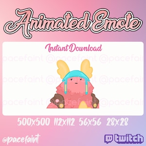 May include: Animated Emote digital download featuring a pink, furry creature with yellow wings, a blue helmet, and brown accents. The image includes the text "Instant Download" and various size dimensions.