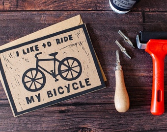 I Like to Ride My Bicycle Handmade Linocut Card