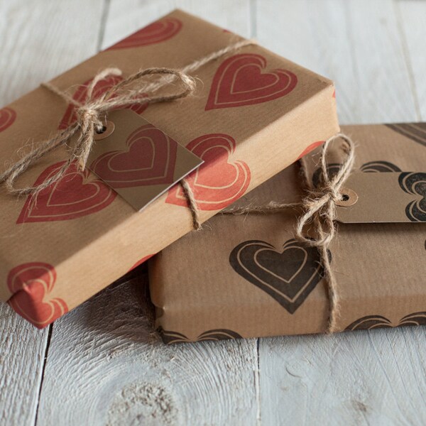 Heart Design Handprinted Kraft Wrapping Paper: Including 1 Piece Gift Wrap, 2 x Gift Tags & Twine