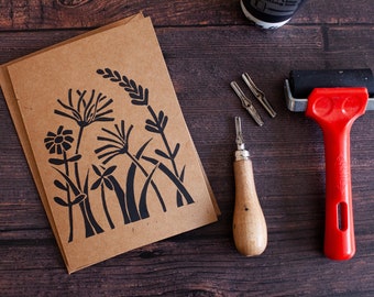 Wildflowers Hand Printed Linocut Card - Nature Linocut